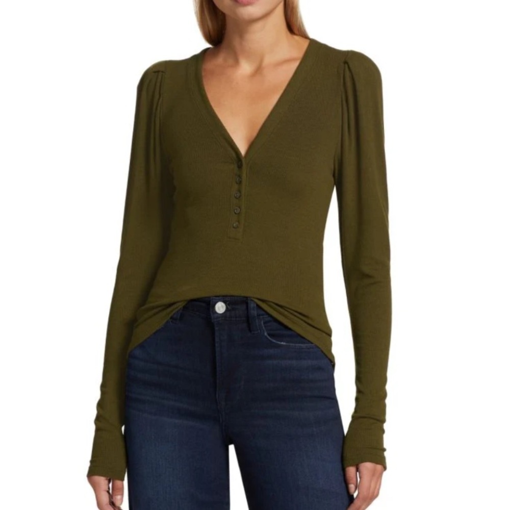 New FRAME Rib Ruched Sleeve Henley Size XS